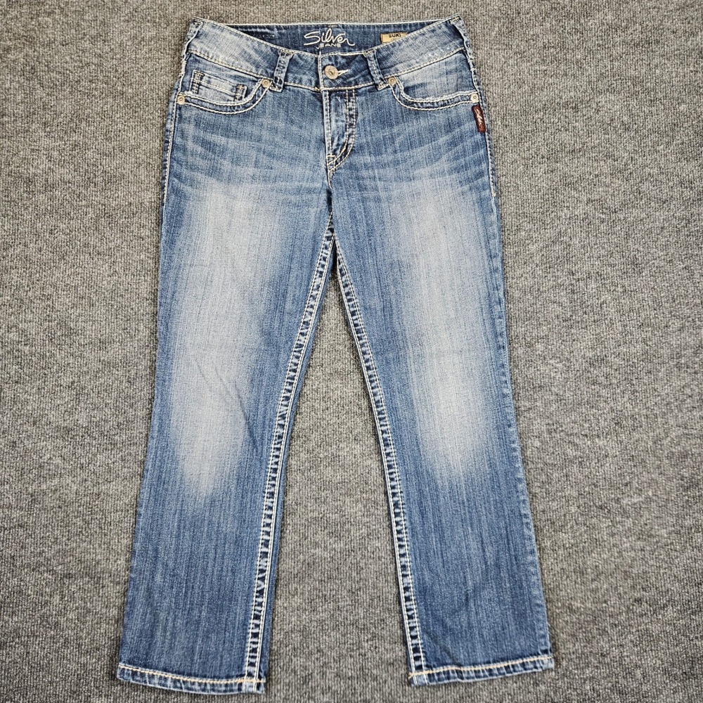 Silver Suki Mid Capri Womens 29 Mid Rise Cropped‎ Stretch Med Wash Blue Casual